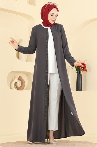 moda selvim عباءة رمادي غامق 2091OZT1013 - Thumbnail