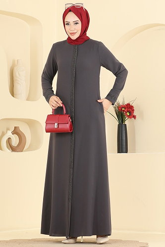 moda selvim عباءة رمادي غامق 2091OZT1013 - Thumbnail