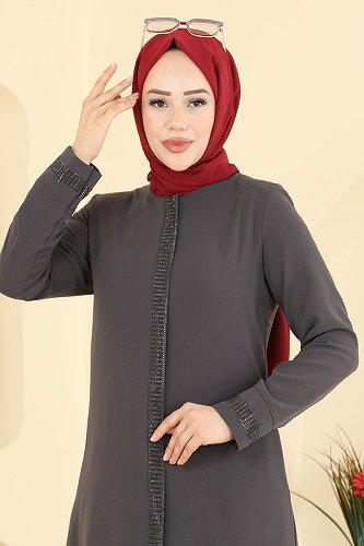 moda selvim عباءة رمادي غامق 2091OZT1013 - Thumbnail