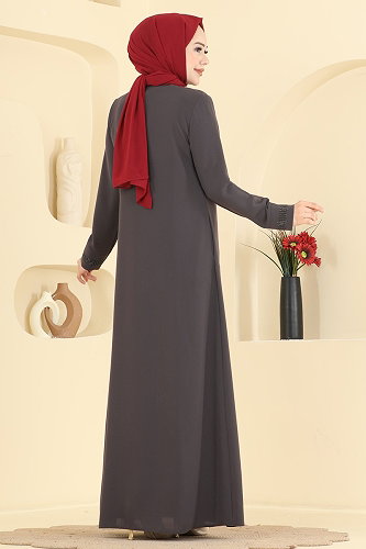 moda selvim عباءة رمادي غامق 2091OZT1013 - Thumbnail