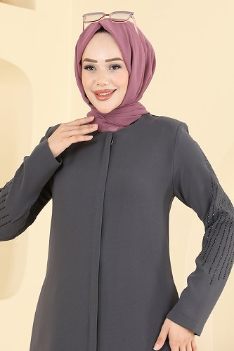 moda selvim عباءة رمادي غامق 2133OZT1013 - Thumbnail