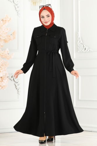 moda selvim Abaya 2214EDM718 Black - Thumbnail