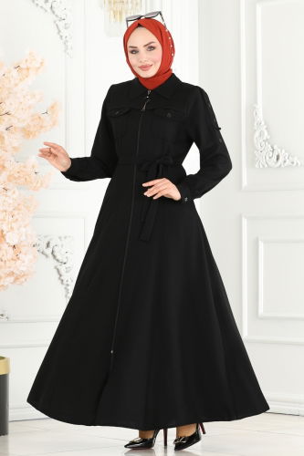 moda selvim Abaya 2214EDM718 Black - Thumbnail