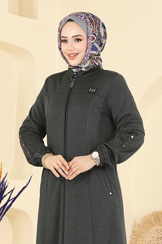 moda selvim عباءة رمادي غامق 2281OZT1013 - Thumbnail