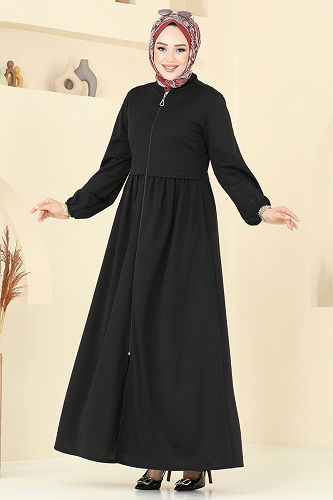 moda selvim عباءة أسود 23002UKB139 - Thumbnail