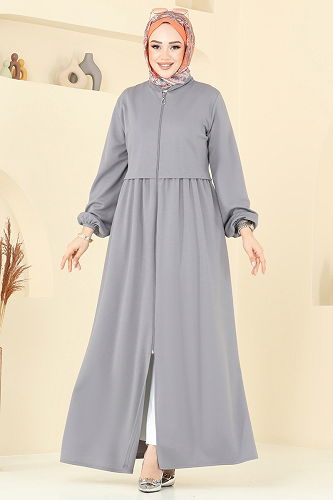 moda selvim عباءة رمادي 23002UKB139 - Thumbnail