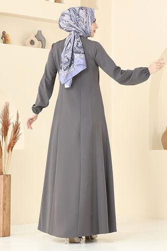 moda selvim عباءة رمادي غامق 23003UKB139 - Thumbnail