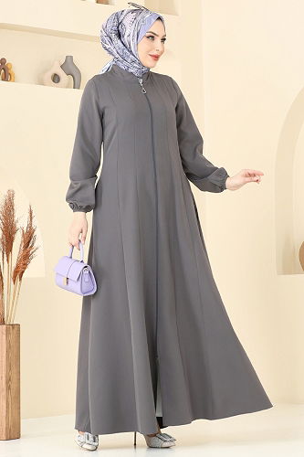 moda selvim عباءة رمادي غامق 23003UKB139 - Thumbnail