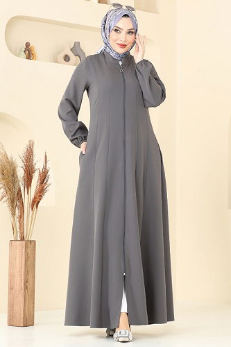 moda selvim عباءة رمادي غامق 23003UKB139 - Thumbnail