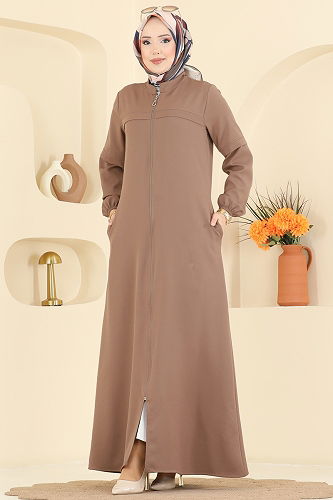 moda selvim عباءة بيج غامق 23006UKB139 - Thumbnail