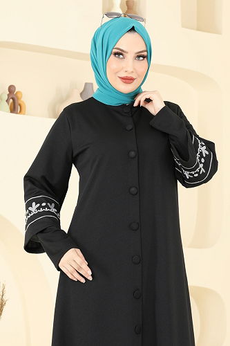 moda selvim Abaya 23007UKB139 Black&Grey - Thumbnail
