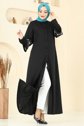 moda selvim Abaya 23007UKB139 Black&Grey - Thumbnail