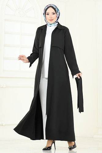 moda selvim عباءة أسود 23021UKB139 - Thumbnail