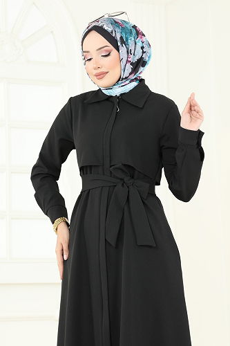 moda selvim عباءة أسود 23021UKB139 - Thumbnail