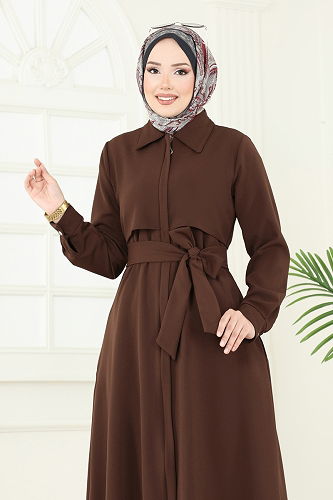 moda selvim عباءة بني 23021UKB139 - Thumbnail