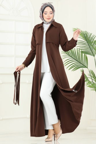 moda selvim عباءة بني 23021UKB139 - Thumbnail