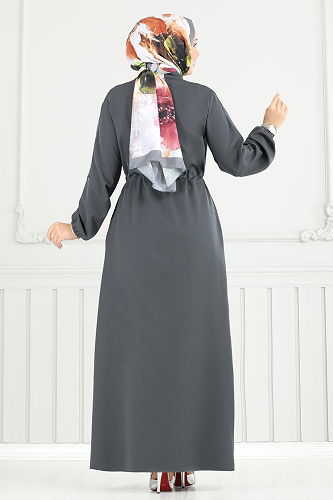 moda selvim عباءة رمادي غامق 23024UKB139 - Thumbnail