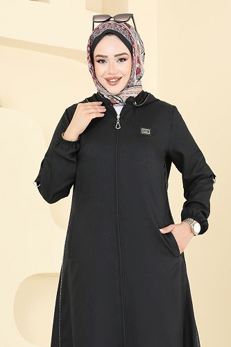 moda selvim عباءة أسود 23027UKB139 - Thumbnail