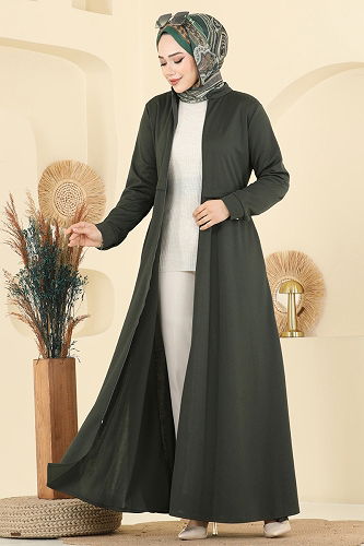 moda selvim عباءة اخضر عفني 23032UKB139 - Thumbnail