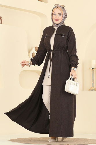 moda selvim عباءة بني غامق 24013UKB139 - Thumbnail