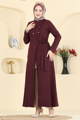 moda selvim Abaya 24025UKB139 Burgundy - Thumbnail