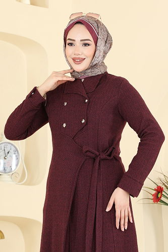 moda selvim Abaya 24025UKB139 Burgundy - Thumbnail