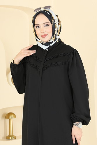 moda selvim عباءة أسود 24031UKB139 - Thumbnail
