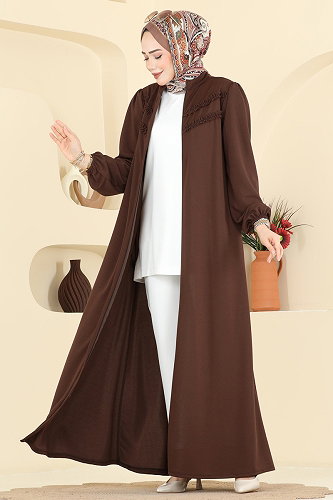 moda selvim عباءة بني 24031UKB139 - Thumbnail
