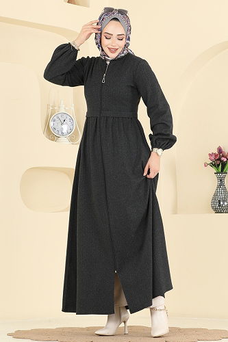moda selvim عباءة رمادي غامق 24083UKBK1160 - Thumbnail