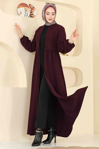 moda selvim Abaya 24083UKBK1160 Burgundy - Thumbnail