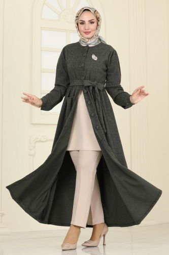 moda selvim Abaya 24644UKB139 Khaki - Thumbnail