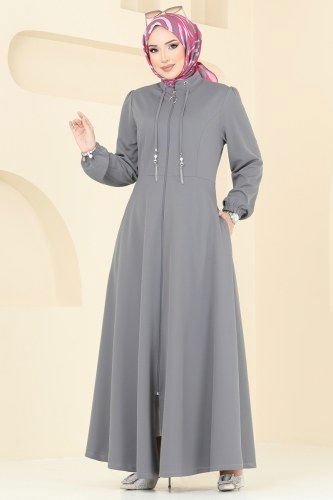 moda selvim عباءة رمادي غامق 2483SL432 - Thumbnail