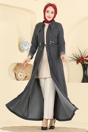 moda selvim عباءة رمادي غامق 25014UKB139 - Thumbnail