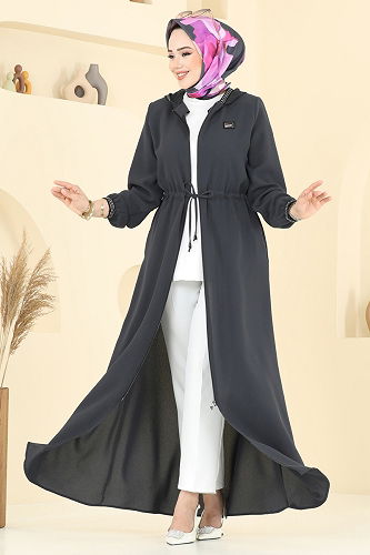 moda selvim عباءة رمادي غامق 2511OZT1013 - Thumbnail