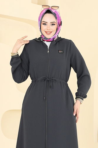 moda selvim عباءة رمادي غامق 2511OZT1013 - Thumbnail