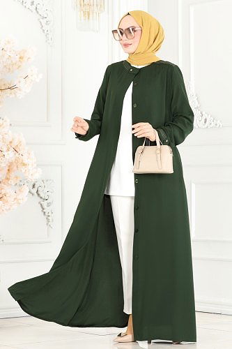 moda selvim عباءة اخضر عفني 25212PD194 - Thumbnail