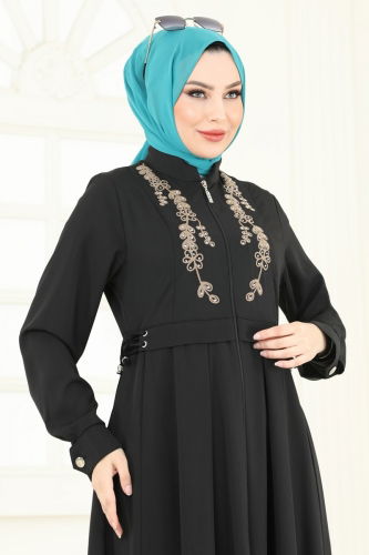 moda selvim عباءة أسود وبيج 2612SL432 - Thumbnail