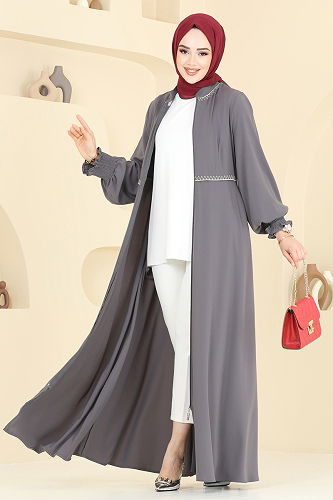 moda selvim عباءة رمادي غامق 2613SL432 - Thumbnail