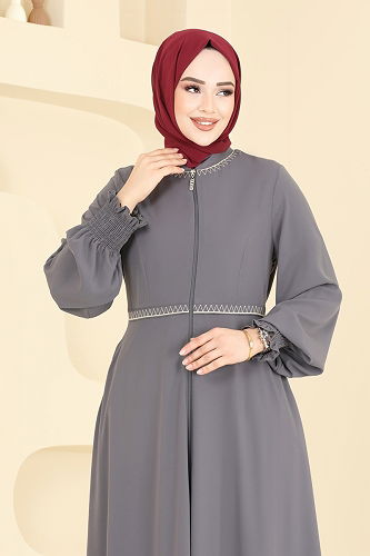 moda selvim عباءة رمادي غامق 2613SL432 - Thumbnail