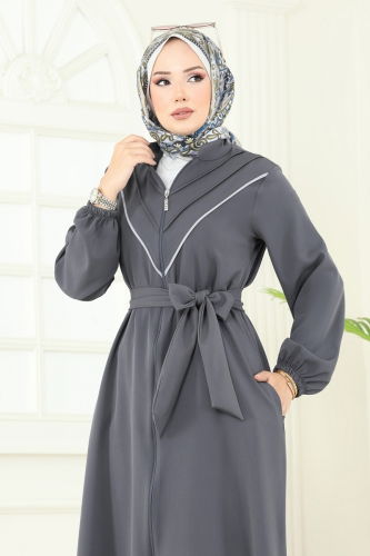 moda selvim عباءة رمادي غامق 2682SL432 - Thumbnail