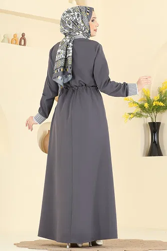 moda selvim عباءة رمادي غامق 2807SL432 - Thumbnail