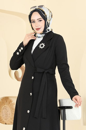 moda selvim Abaya 2846SLK540 Black - Thumbnail