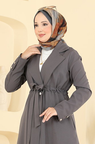moda selvim عباءة رمادي غامق 2959SL432 - Thumbnail