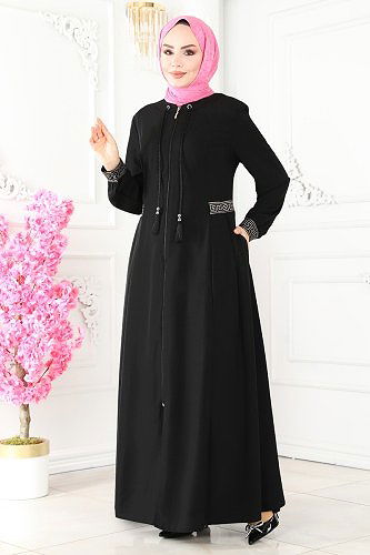 moda selvim Abaya 3028PD194 Black - Thumbnail