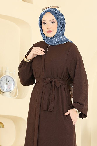 moda selvim Abaya 3030SMD1186 Brown - Thumbnail