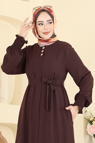 moda selvim عباءة بني 3036SMD1186 - Thumbnail