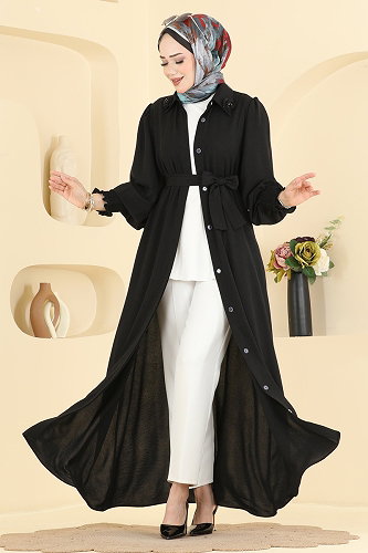 moda selvim عباءة أسود 3038SMD1186 - Thumbnail