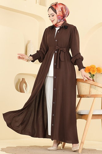 moda selvim عباءة بني 3038SMD1186 - Thumbnail