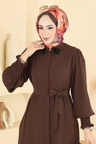 moda selvim عباءة بني 3038SMD1186 - Thumbnail