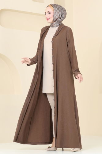 moda selvim Abaya 3060HBS856 Brown - Thumbnail